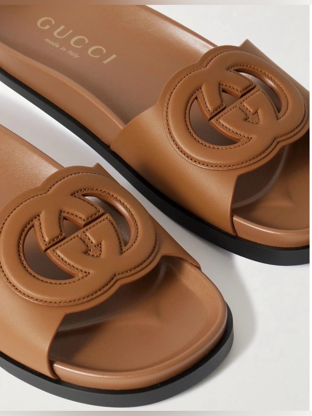 Gucci Tan Cosmos Leather Double-G Slide Sandals, Size 7 NWOB